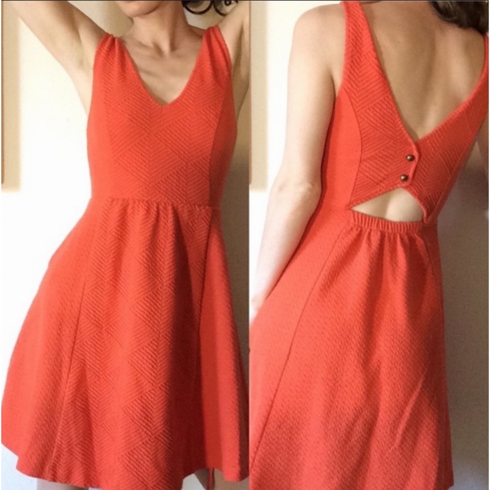 Anthropologie Maeve Orange Textured Double V Cutout Fit & Flare Dress